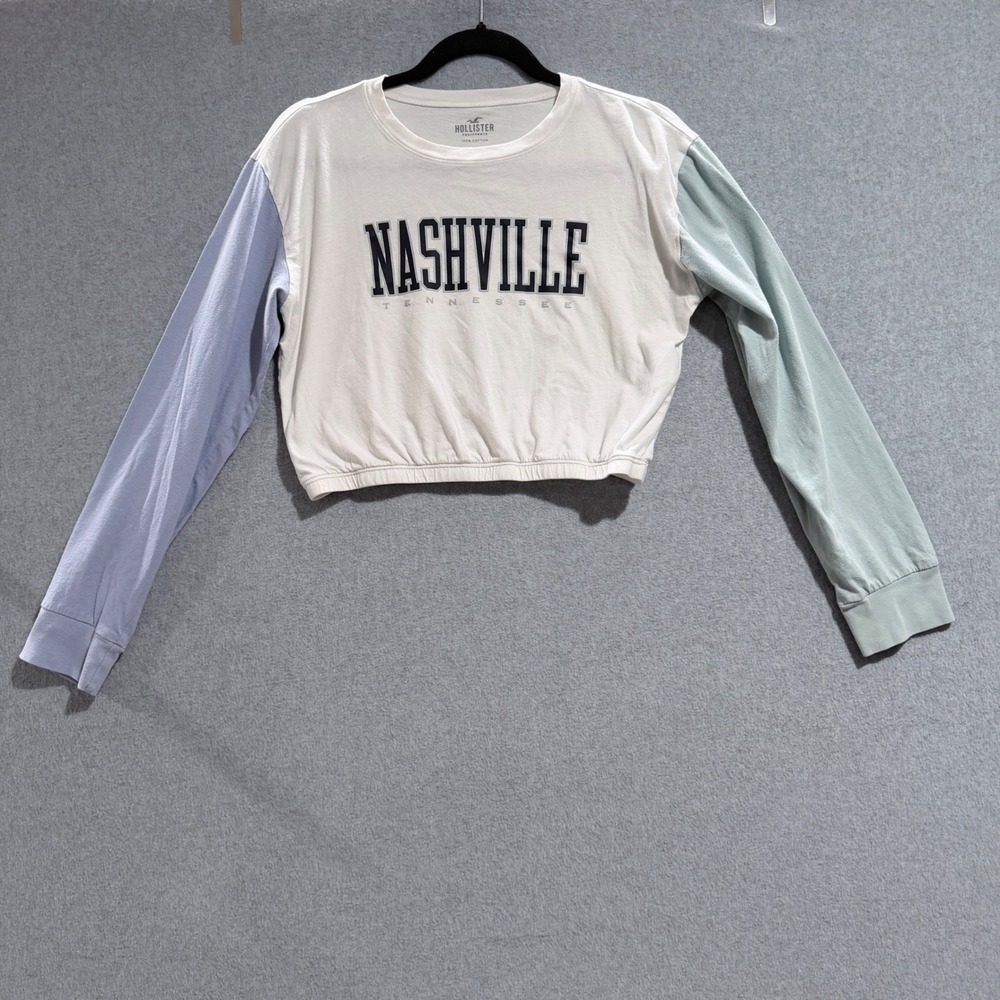 Hollister Nashville Tennessee Colorblock Crop Top Long Sleeve White Blue Small